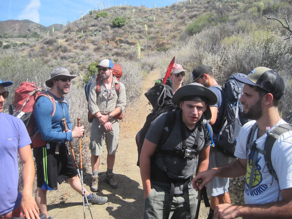 A large backpacking group starts on the Santa Cruz trail near Santa Barbara.