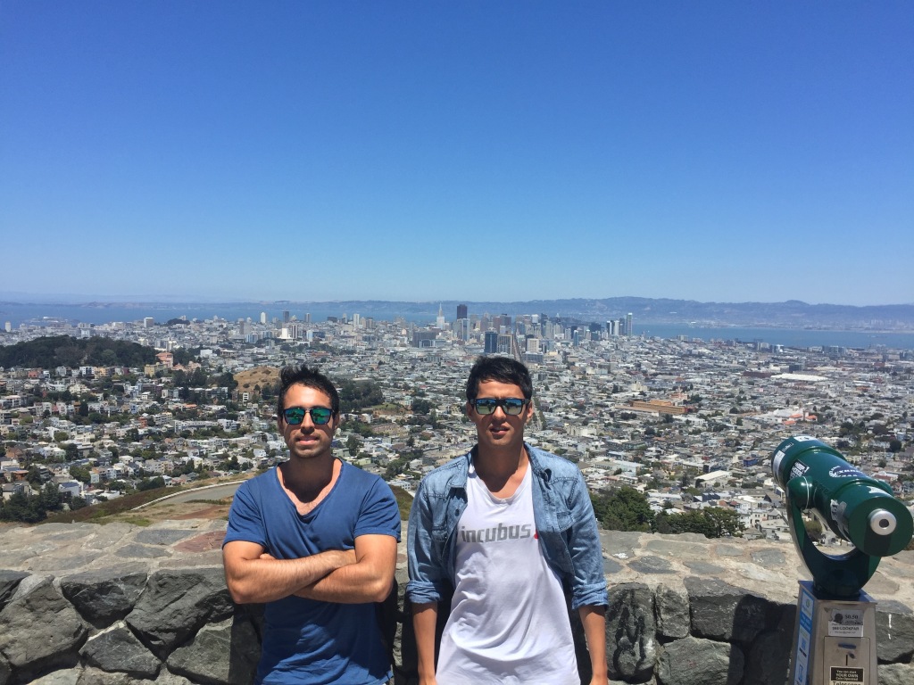 Two Chileans at twin towers in San Francisco.